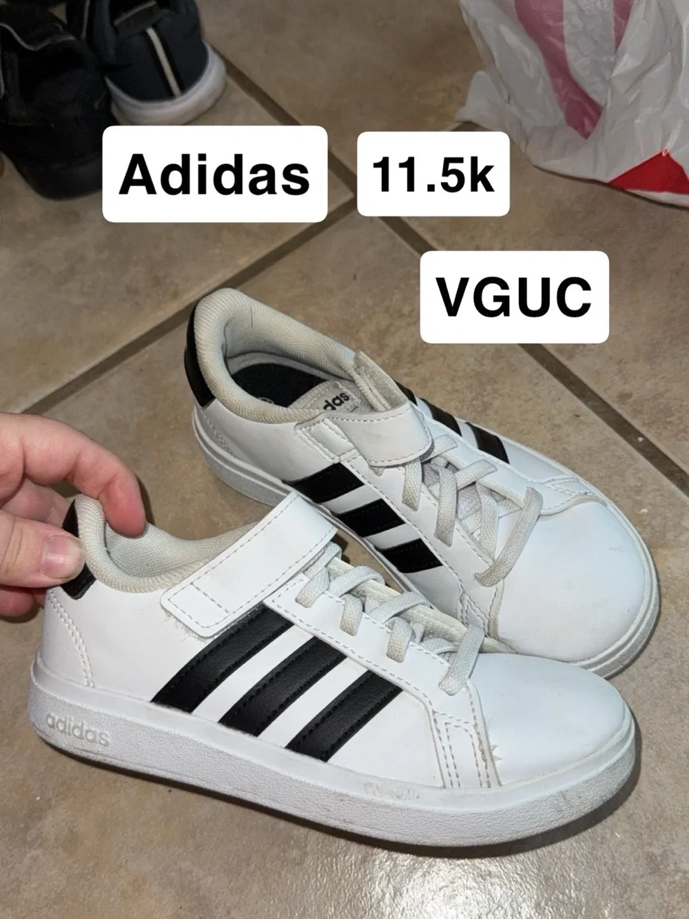 adidas Kids White and Black Low-Top Sneakers with Velcro Strap